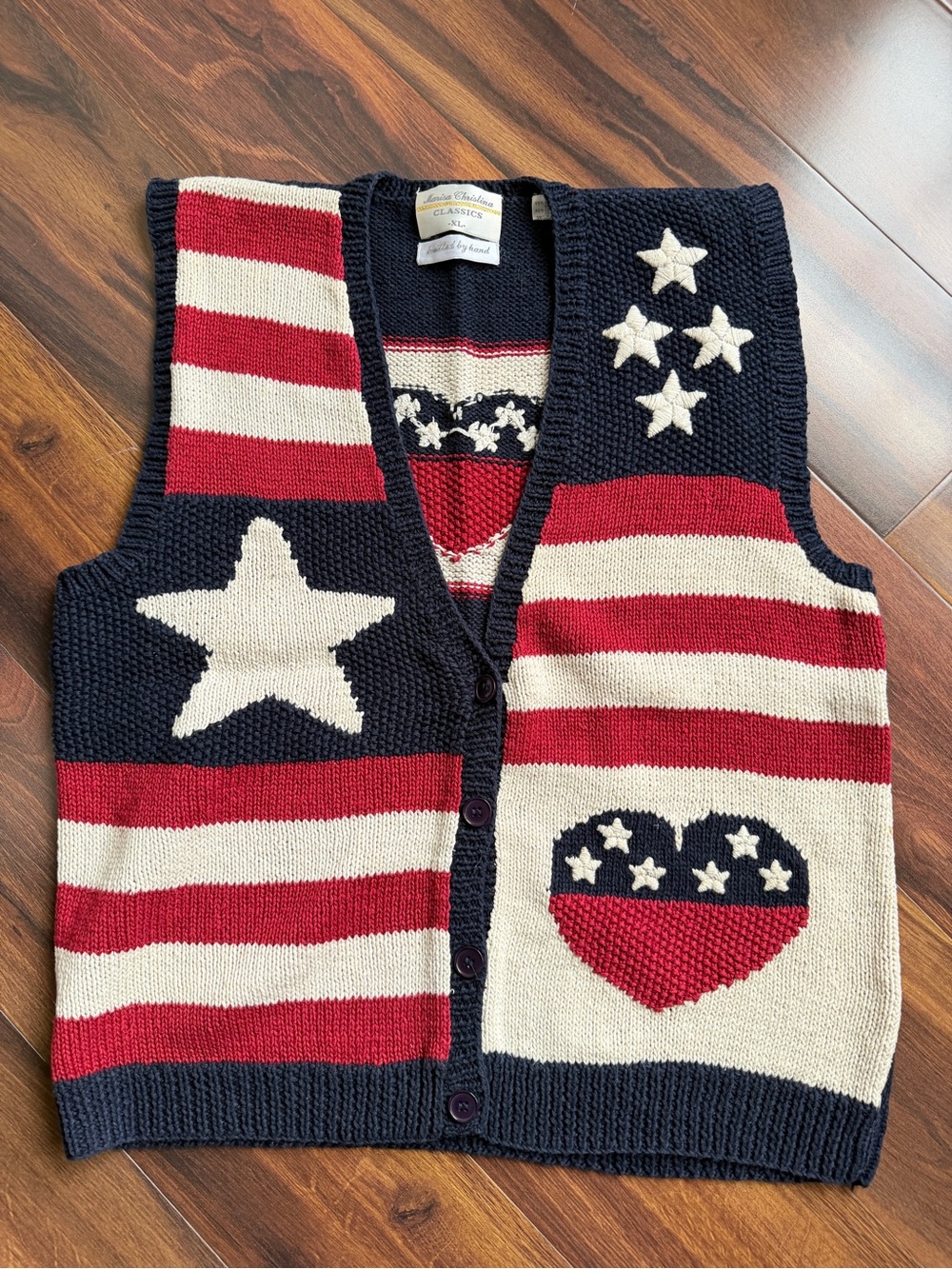 Hand Knit Ramie Cotton Heavyweight Button Sweater Vest USA Country Hearts Flag